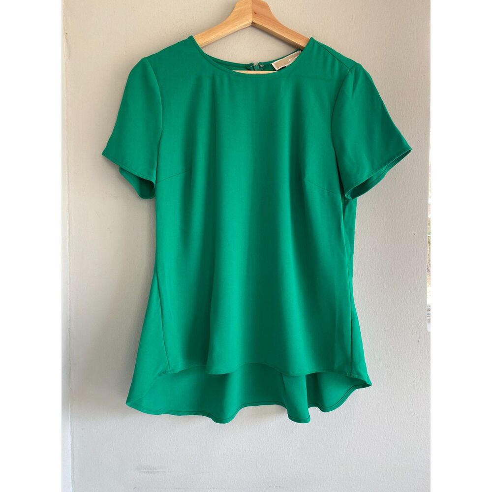 MICHAEL KORS Women's Solid Green Peplum-Back Top Blouse Short Sleeve Size Medium